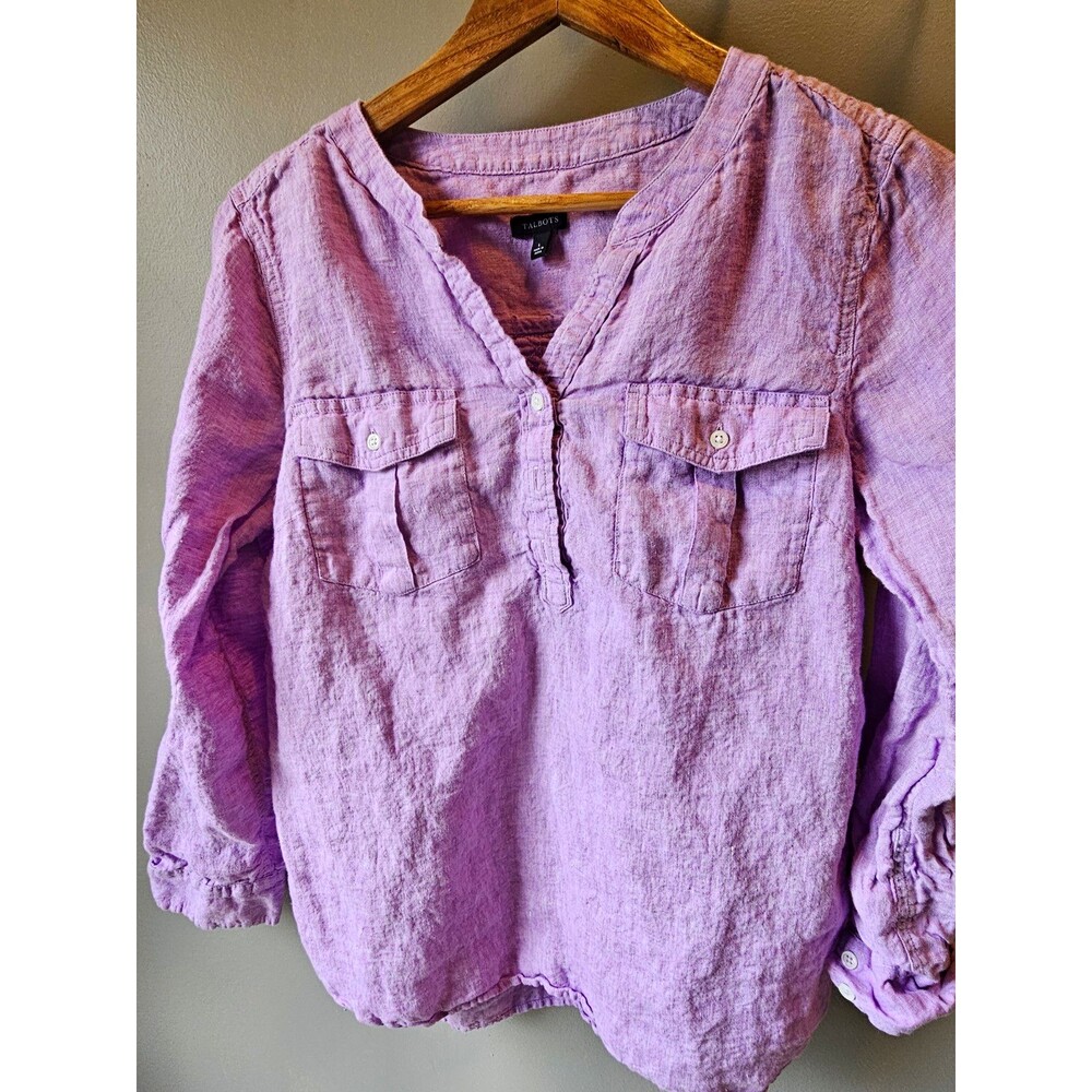Talbots Womens Purple Linen Tunic Blouse L V-Neck Long Sleeve Pockets